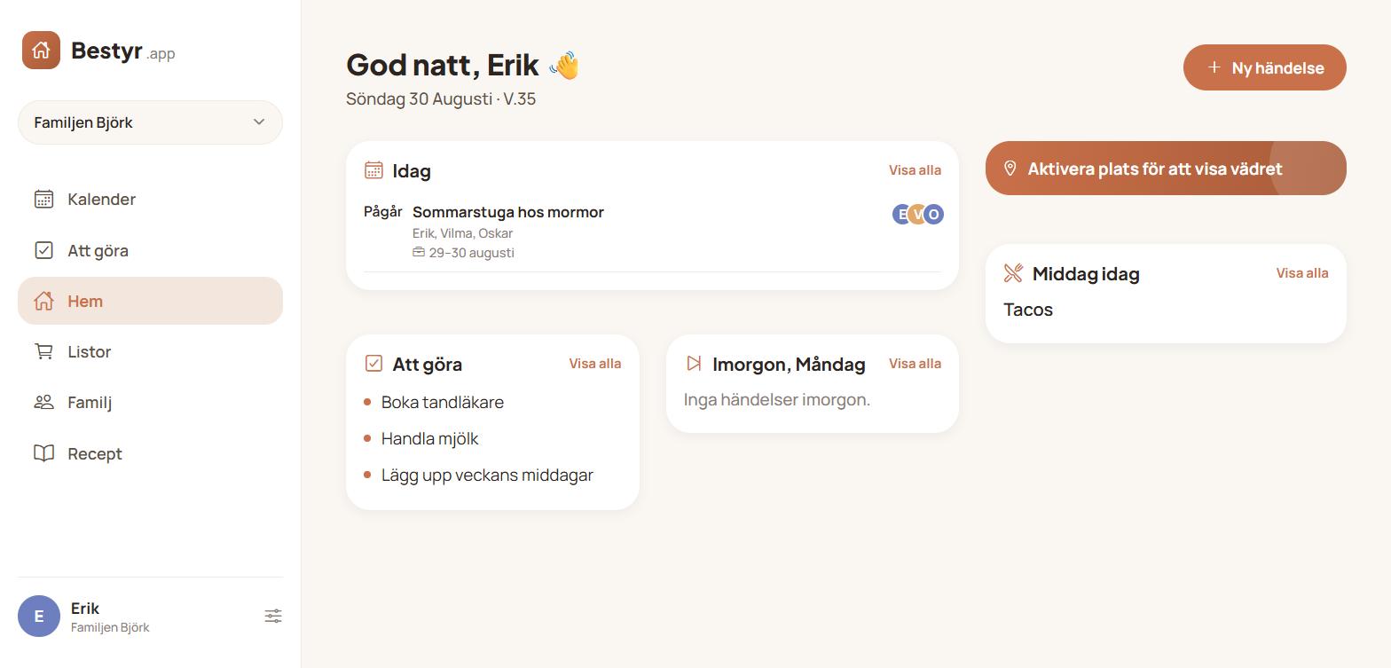 Bestyr på desktop: dagens översikt med kalender, att göra-lista och middagsplan