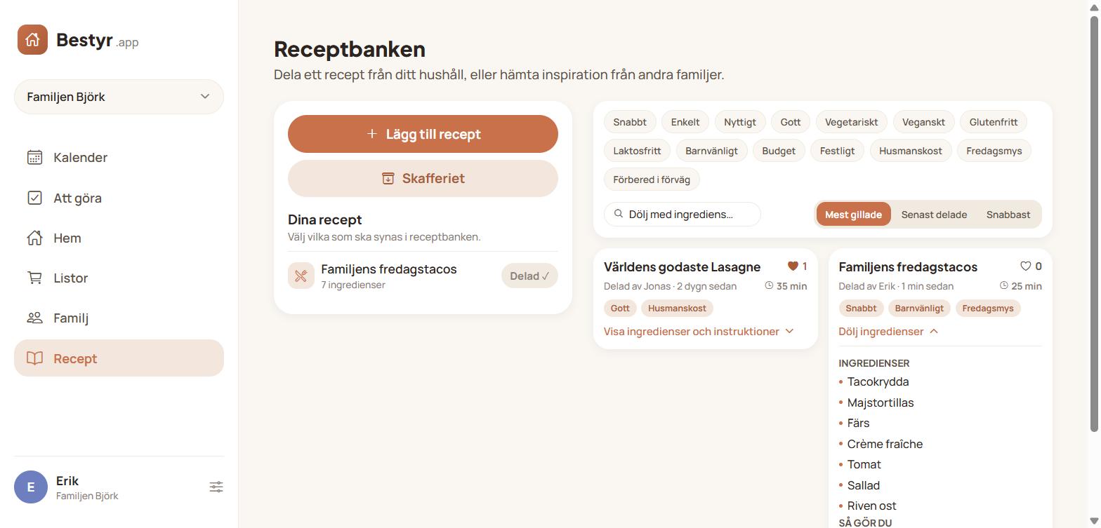 Bestyr på desktop: Receptbanken där hushåll delar och hittar recept, med taggar och tillagningstid
